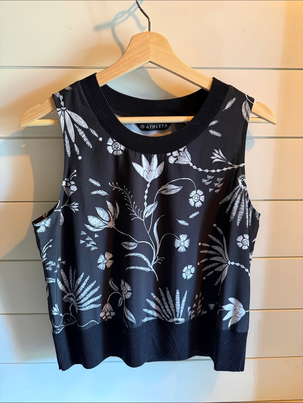 Athleta Black Tank Top with White Botanical Print